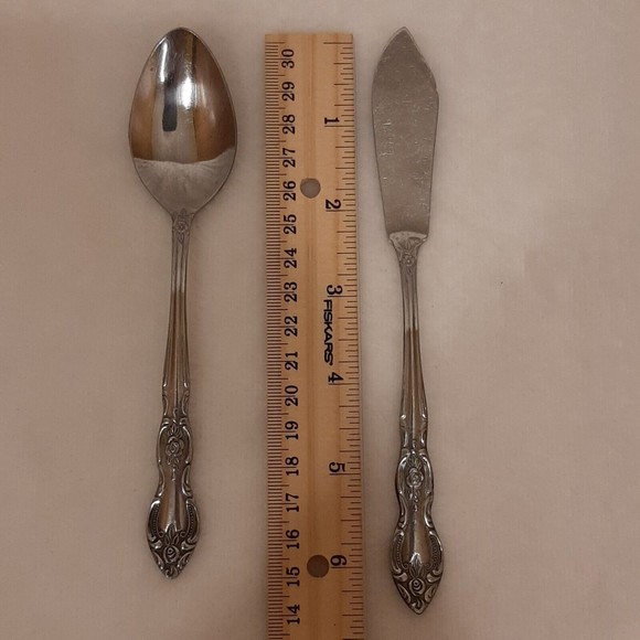 Lustre Ware Korea 1 Dinner Fork 1 Dinner Knife Flatware Scroll Floral READ DISC. - Picture 13 of 13